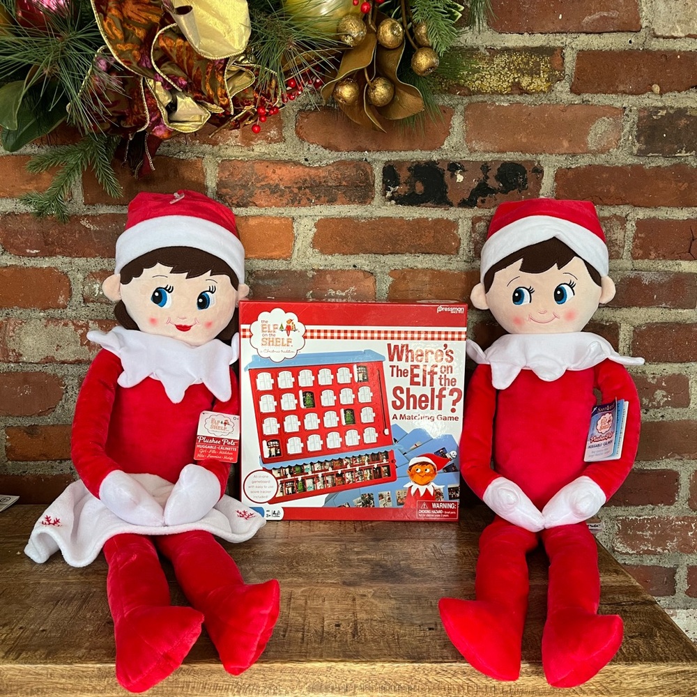 Elf on the shelf, plushy dolls, one boy one girl where is the elf on the shelf